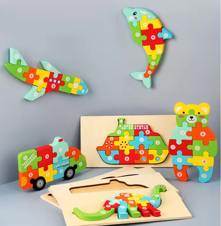 Hands-On-Developmental-Toys Wooden Animal & Vehicle Puzzles kids ages 3-5yo. 6-pack Dinosaur, Dolphin, Fire Truck, Boat, Airplane.  Colors and numbers Jigsaw. Montessori Developmental and Educational toy.